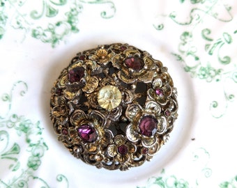 Broche vintage des années 1950, broche en strass argentée des années 1950, broche ronde fleur violette, bijoux fantaisie vintage des années 50