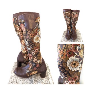 Vintage 1960s 1970s Boots, 60s Penny lane Boots, 70s  Brown Floral Tapestry Boots , Leather Knee High Granny Boots  Size 7.5