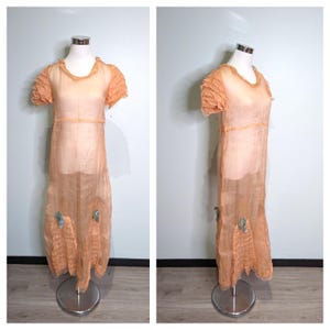 Vintage 1930s Sheer Peach Old Hollywood Cocktail Summer Dress Velvet bows dress Size S