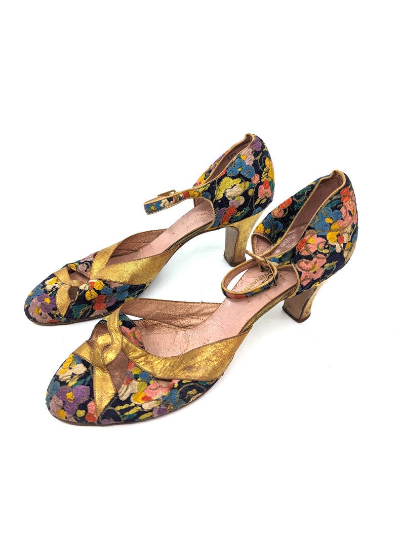 Vintage 1920s 1930s Art Deco Floral Lame Heels: Gold Leather Flapper ...