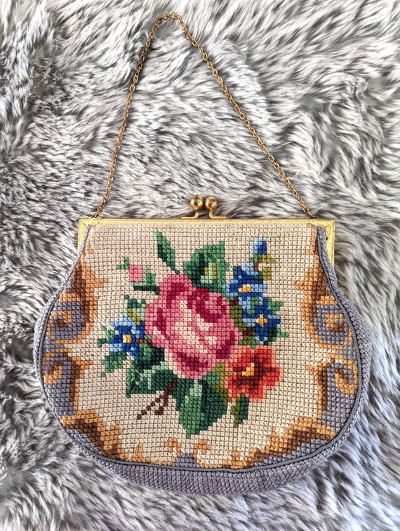 Vintage 1930s 1940s Bag,  1940s Needle Point Purse