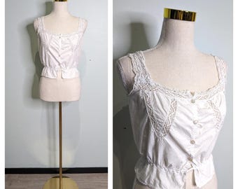 Antique 1900s  Edwardian Corset Cover White Cotton Victorian Romantic French Lace Size S