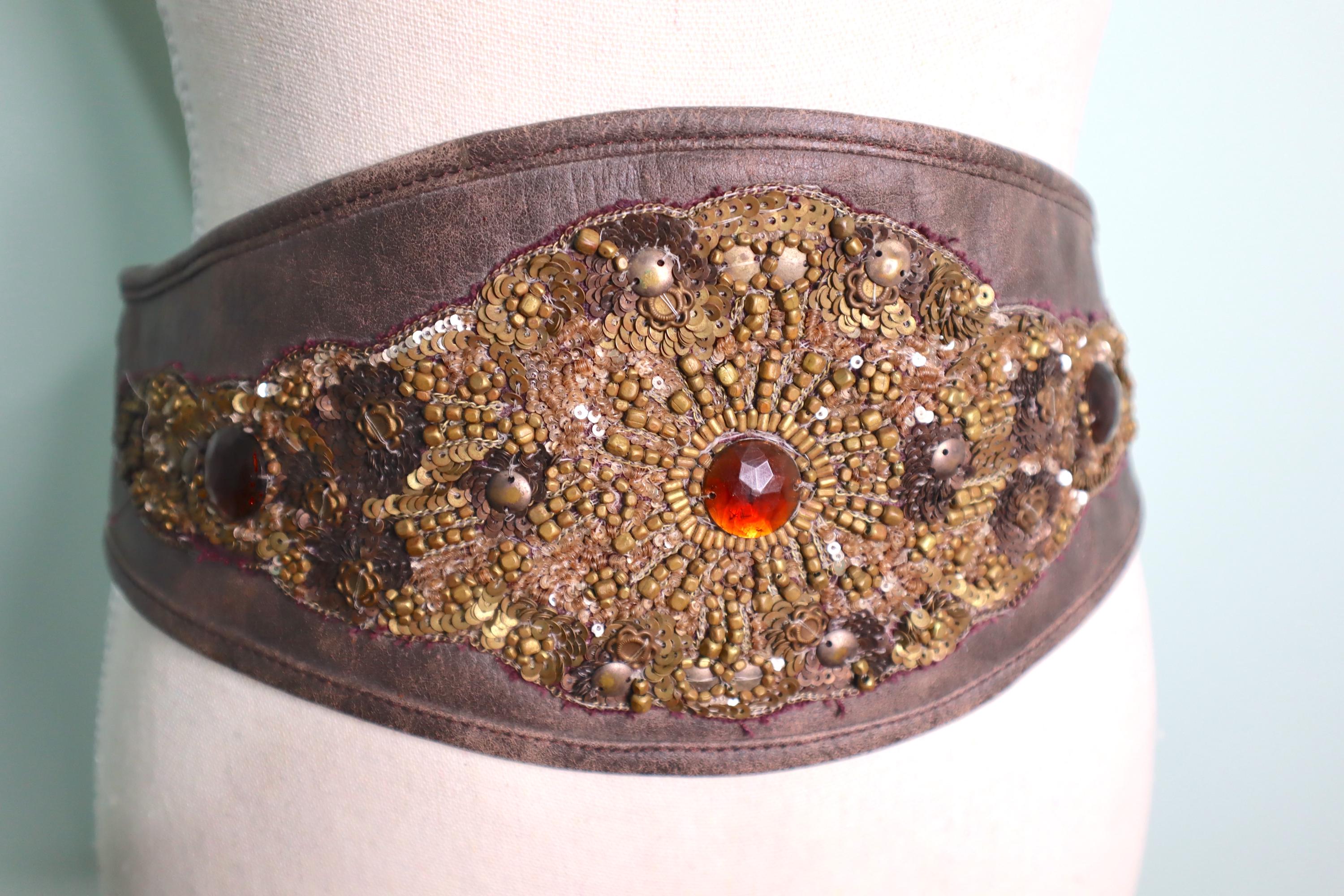 Vintage 80s Sequin Cinch Belt: Brown Beaded Corset Style, S 