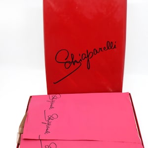Puede incluir: Una caja roja con el nombre "Schiaparelli" en escritura negra. Debajo, una caja rosa con el mismo nombre en escritura. Las cajas parecen contener medias u otros artículos similares.