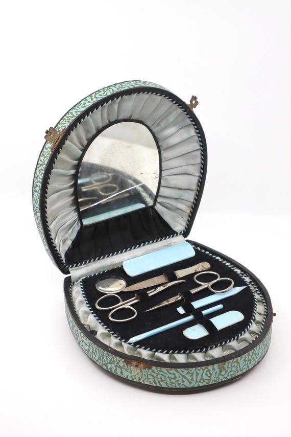 Vintage 1950s Thorens Manicure Set: Aqua Vanity Travel Case