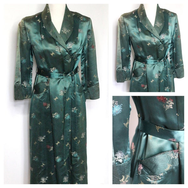 Vintage 1940s Satin Smoking Jacket , 1940s  Emerald Green Art Deco Robe, Oriental Brocade Robe, Chinoiserie Jacket, Robe Old Hollywood S M