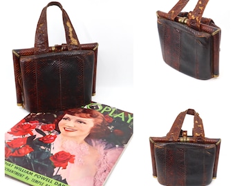 Vintage 1930s Art Deco Brown Snakeskin Top Handle Bag