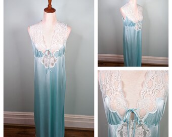 Vintage 1970's Lace Nightgown,  Aqua Blue Satin Nightgown , tie front summer maxi , 1970s nylon nightie - size M