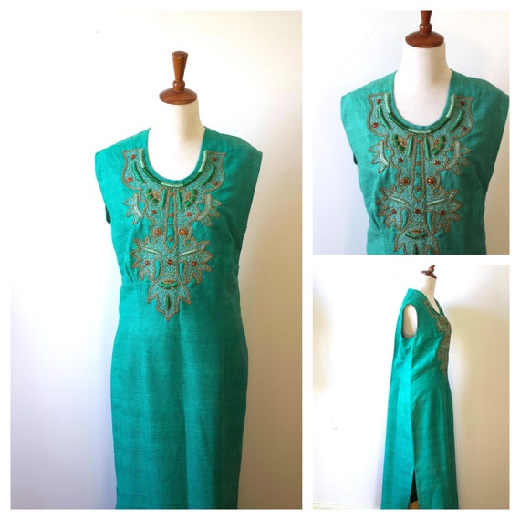 Vintage 1960s 1970s Green Embroidered Kaftan Dress