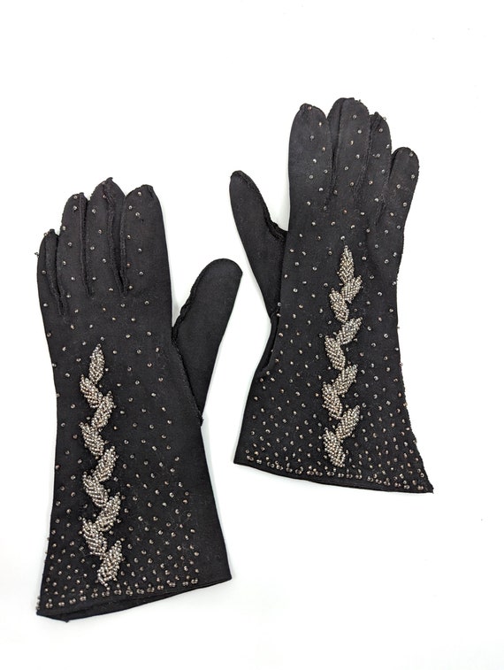 Vintage 50s 60s Gloves, 1950s Silver Beaded Black… - image 2