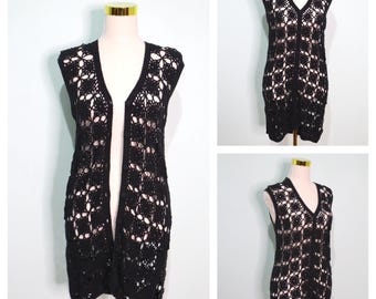 Chaleco de crochet negro estilo vintage de los 90 - Sportsgirl, chaleco hippie de algodón de los 90, talla M