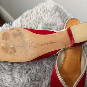 Vintage 1950s 1960s Heels, 1960s ' CHEZ SOI ' Paris Heels ,French Red Satin & Gold Mules , Vintage red shoes, image 6