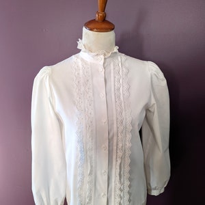Vintage 1970s White  Blouse, Broderie Anglaise Prairie Ruffle High Neck Victorian  size 12