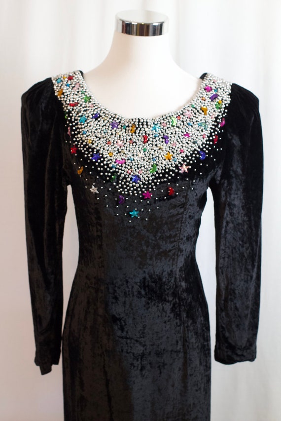 Vintage 1980s Velvet Dress, 1980s Black Embellish… - image 4