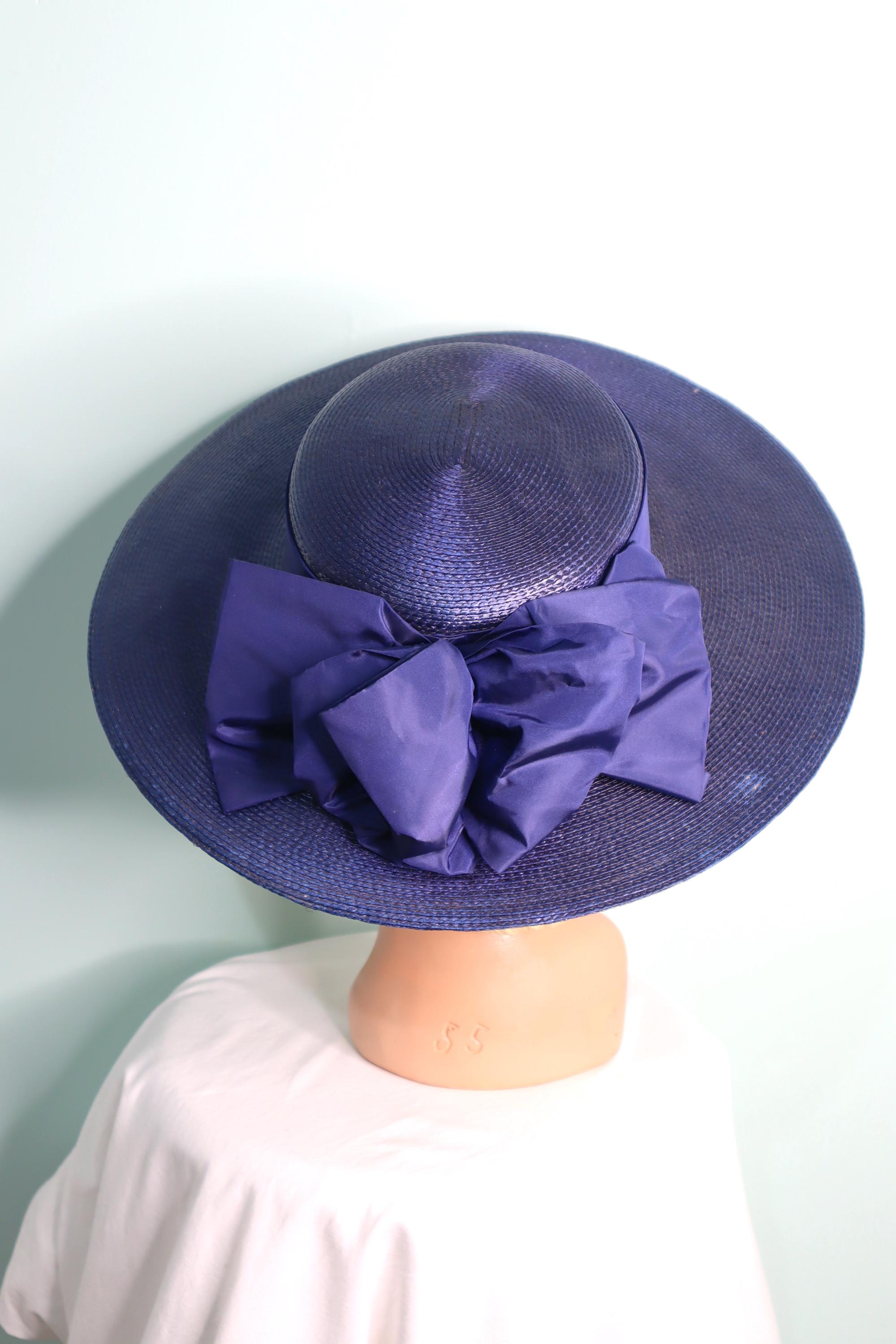 Vintage 1980s 1990s Navy Straw Wide Brim Hat: Taffeta Bow  display picture 3