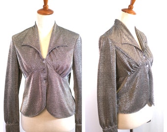 Vintage 1970s ' Jonathan Elliot ' Lurex Silver Blouse Disco Biba Style Glitter Wing tip Metallic Lurex top size M/L