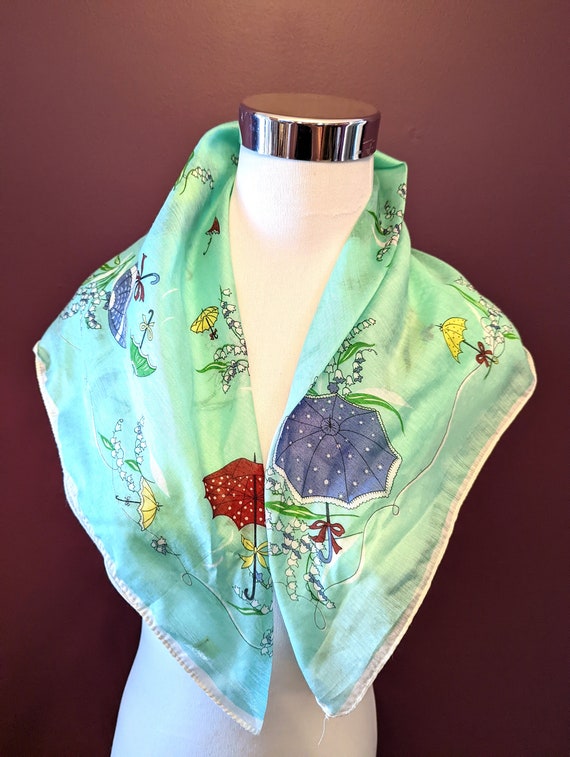 Vintage 1950s Novelty Scarf , 50s  Aqua Umbrella … - image 5