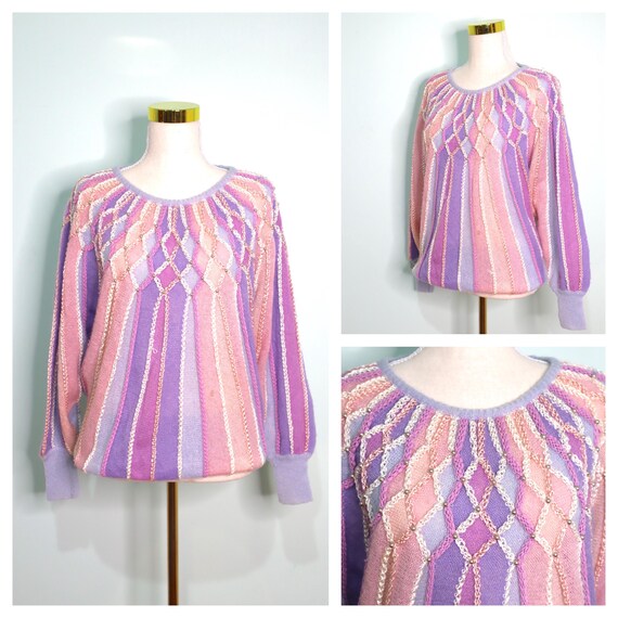 Vintage 1980s Pastel Knit Sweater 80s Purple Harlequin Ribbon detail Batwing Jumper Answers by Riddles Vintage hand knitted Jumper Size M Etsy Italia