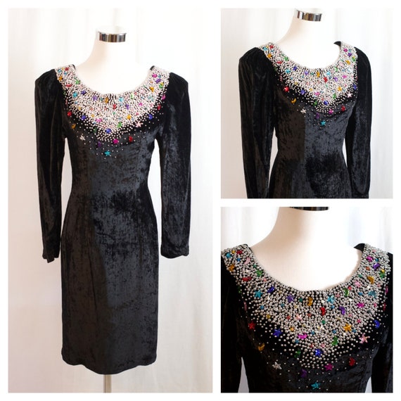 Vintage 1980s Velvet Dress, 1980s Black Embellish… - image 1