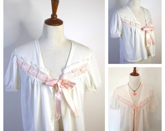 Vintage 1960s Bed Jacket  White Pink 60s sleepwear pink ribbon Vintage sleepwear Size S-L