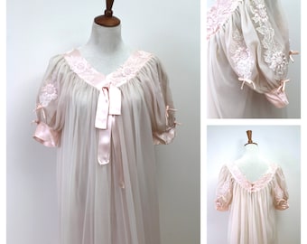 Vintage 1950s Pink Nylon Peignoir Robe: Sheer Lace Babydoll Sleepwear, Size S