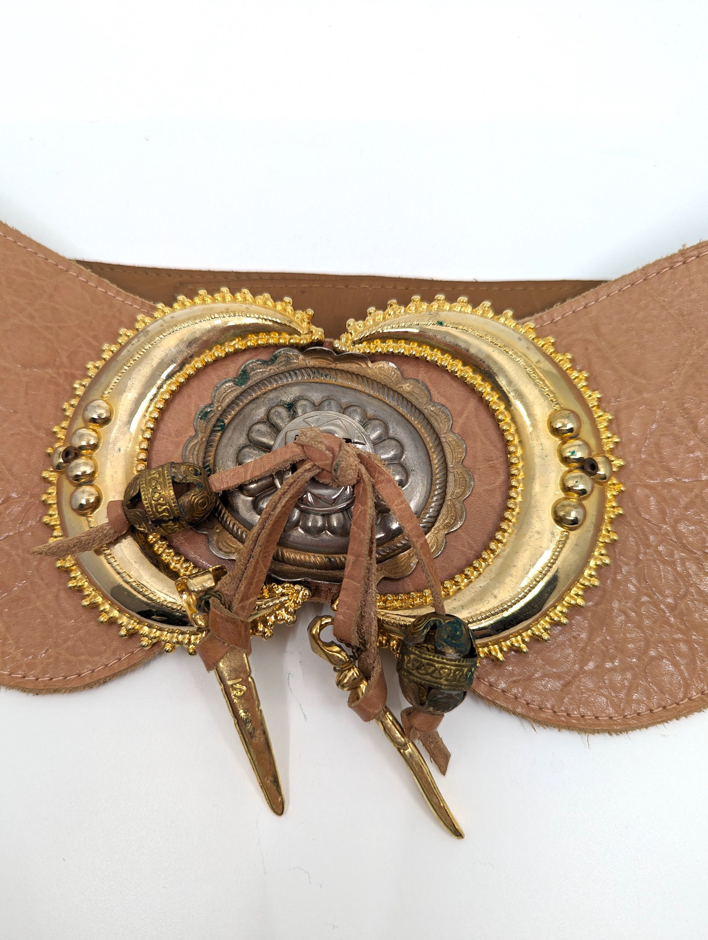 Vintage 80s Wine Leather Statement Belt Brass Geometric Buckle Artisan Handcrafted Geometric Embossed Leather Belt - Cellar  main image 4