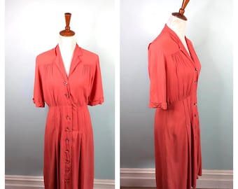 Vintage 1940s Rayon Shirtdress: Salmon Pink Crepe, Size M/L