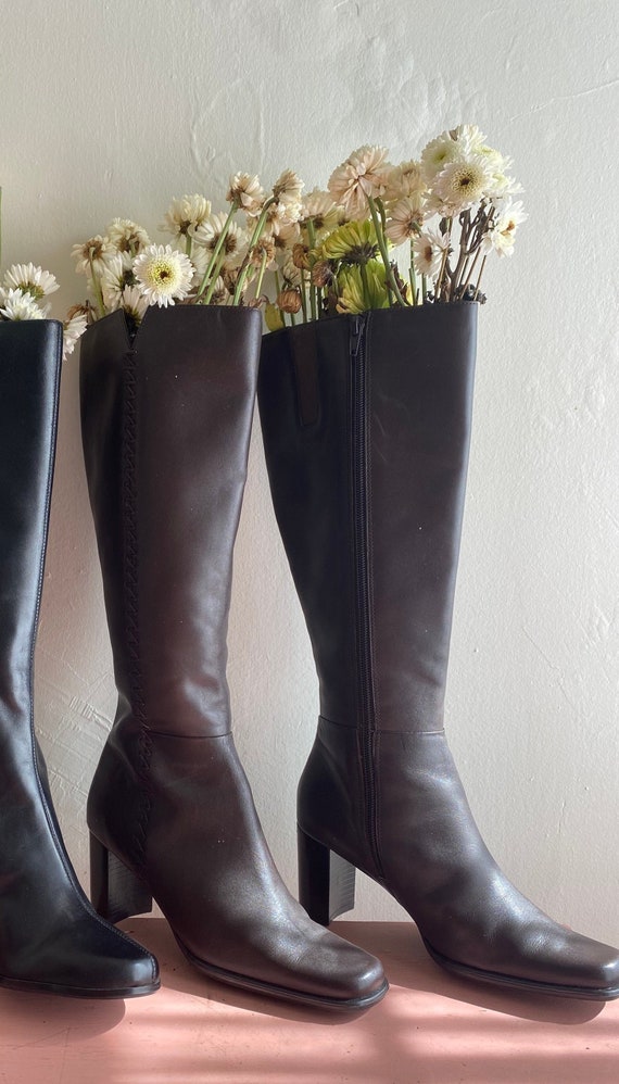 90s Vintage Leather Brown Chunky Heel | Knee-Leng