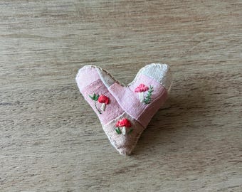 Patchwork  Heart Pin with mushrooms - original - OOAK