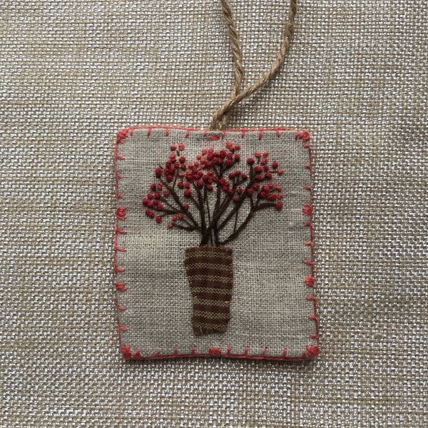 Winter Berries in Vase - OOAK - original textile - embroidered art - decor-ornament