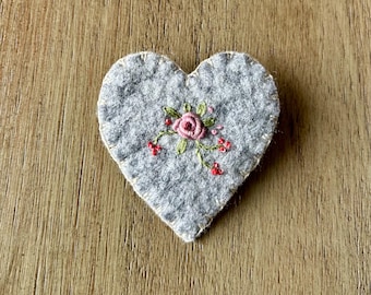 Gray Felted Wool Heart Pin- original - OOAK