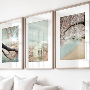Washington DC Art - Photography Set of 3, Cherry Blossoms Print Set with Jefferson Memorial, Washington Monument & Tidal Basin | Many Sizes