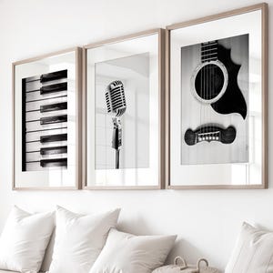 Music Art, Set of 3 Music Prints, Black and White Photography, Guitar, Piano, Microphone Art, Music Wall Decor, Gift for Musician