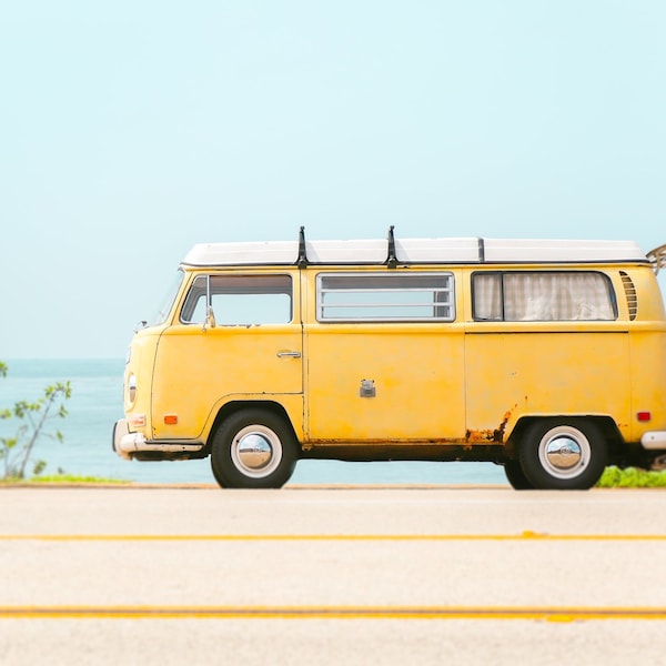 Yellow Bus Photography, Southern California Photo, Boho Travel Art, Highway 1, Yellow Wall Art, Vintage Van Print, Surf Decor "Yellow Bus"