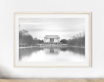Washington DC Art, Lincoln Memorial Photography - Unframed, Black and White Print, National Mall, DC Skyline, Modern DC | Many Sizes