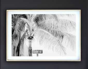 Miami Print - Unframed | Black and White Photography, Ocean Drive Sign, Miami Beach, Florida Wall Art, South Beach Print | Many Sizes