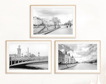 Paris Photography, Paris Print Set of 3, Black and White Paris Art, Paris Bridge Artwork, Scenes along the Seine River, Eiffel Tower Print