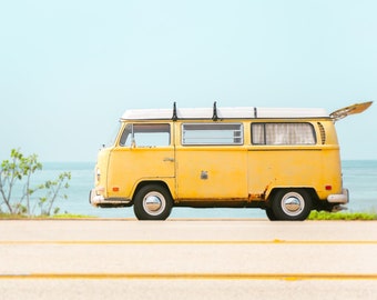 Yellow Bus Photography, Southern California Photo, Boho Travel Art, Highway 1, Yellow Wall Art, Vintage Van Print, Surf Decor "Yellow Bus"