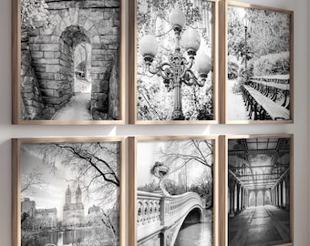 Central Park Kunst: Schwarzweiße New York Fotografie Drucke, Bogenbrücke, Bethesda Terrasse, romantische Wandkunst (6er Set)