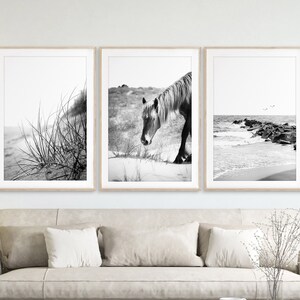 Outer Banks Art, Wild Horse Print, Coastal Wall Art, Set of 3, Black and White Photography, Beach House Art, North Carolina Print, Beaufort