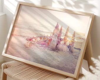 Sandcastle Art, Beach Photography Print, Coastal Decor,  Nursery Art, Seascape, Nautical, Bathroom Art, Pink, Yellow "Sandcastle"
