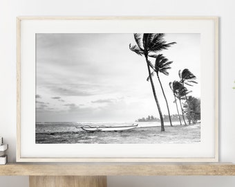 Hawaii Photography, Black and White Print, Hawaiian Art, Hawaii Beach Print, Palm Tree Decor, Oahu, Outrigger Canoe, Coastal "Haleiwa"
