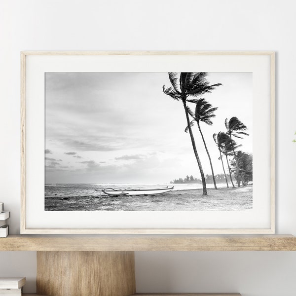 Hawaii Photography, Black and White Print, Hawaiian Art, Hawaii Beach Print, Palm Tree Decor, Oahu, Outrigger Canoe, Coastal "Haleiwa"