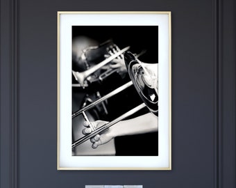 Music Wall Art, Horn Print, Black and White Photography, Trombone Art, Vintage Music Decor, Jazz Wall Art,Gift for Musician | Pick Your Size