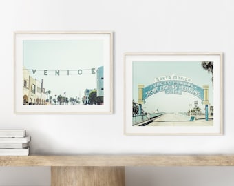 Los Angeles Print Set of 2 | Photography - Unframed | Santa Monica Pier Art, Venice Beach Print, Vintage Sign Decor, Blue LA| Pick Your Size