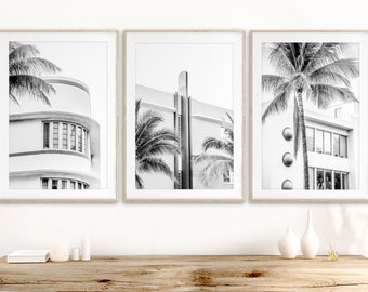 Miami Art, Print Set of 3 - Unframed, Art Deco Wall Art, Black and White, South Beach Photography, Florida Art, Miami Prints | Many Sizes