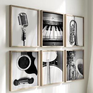 Music Art, Black and White Photography, Print Set of 6, Vintage Instruments, Microphone, Piano, Guitar, Drums, Sax, Trumpet,Music Wall Decor