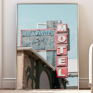 Hollywood motel photography print.  Old Vintage neon sign.  Red and blue details.