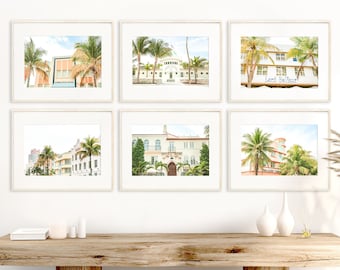Arte mural de Miami, juego de 6 impresiones, fotografía de South Beach, sin marco, decoración art déco, obra de arte de Miami en colores pastel, decoración costera de Florida, varios tamaños