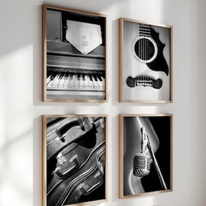 Music Art, Black and White Photography Print Set of 4, Music Print Set, Old Microphone, Piano, Guitar Music Wall Decor, Gift for Musician